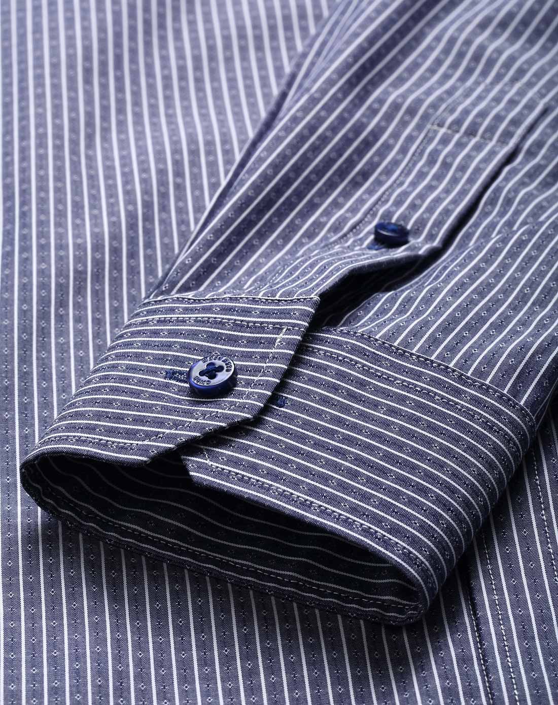 蓝白条纯棉欧式领法式两用袖口衬衫