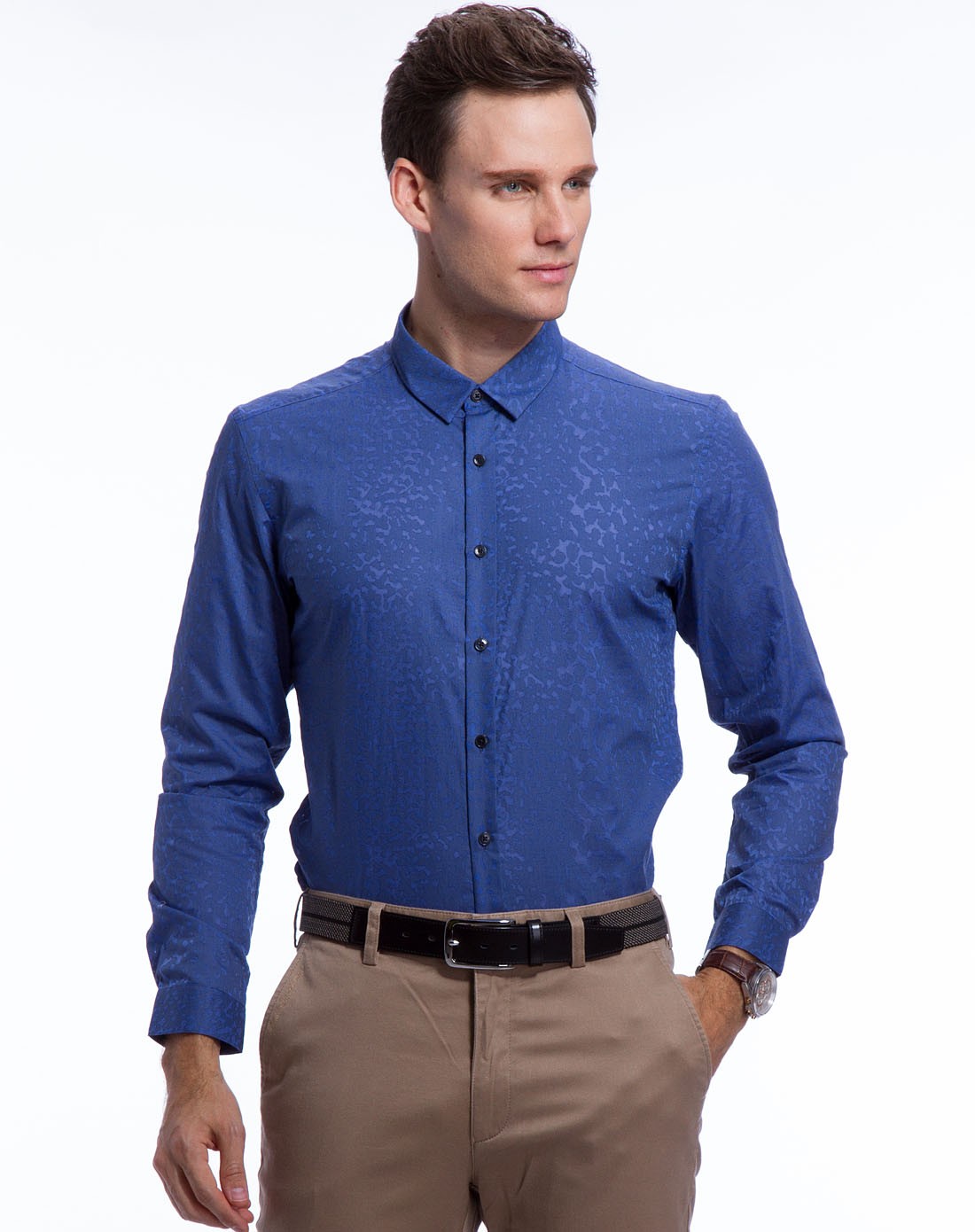 深蓝色暗花轻薄透气个性前卫休闲衬衫