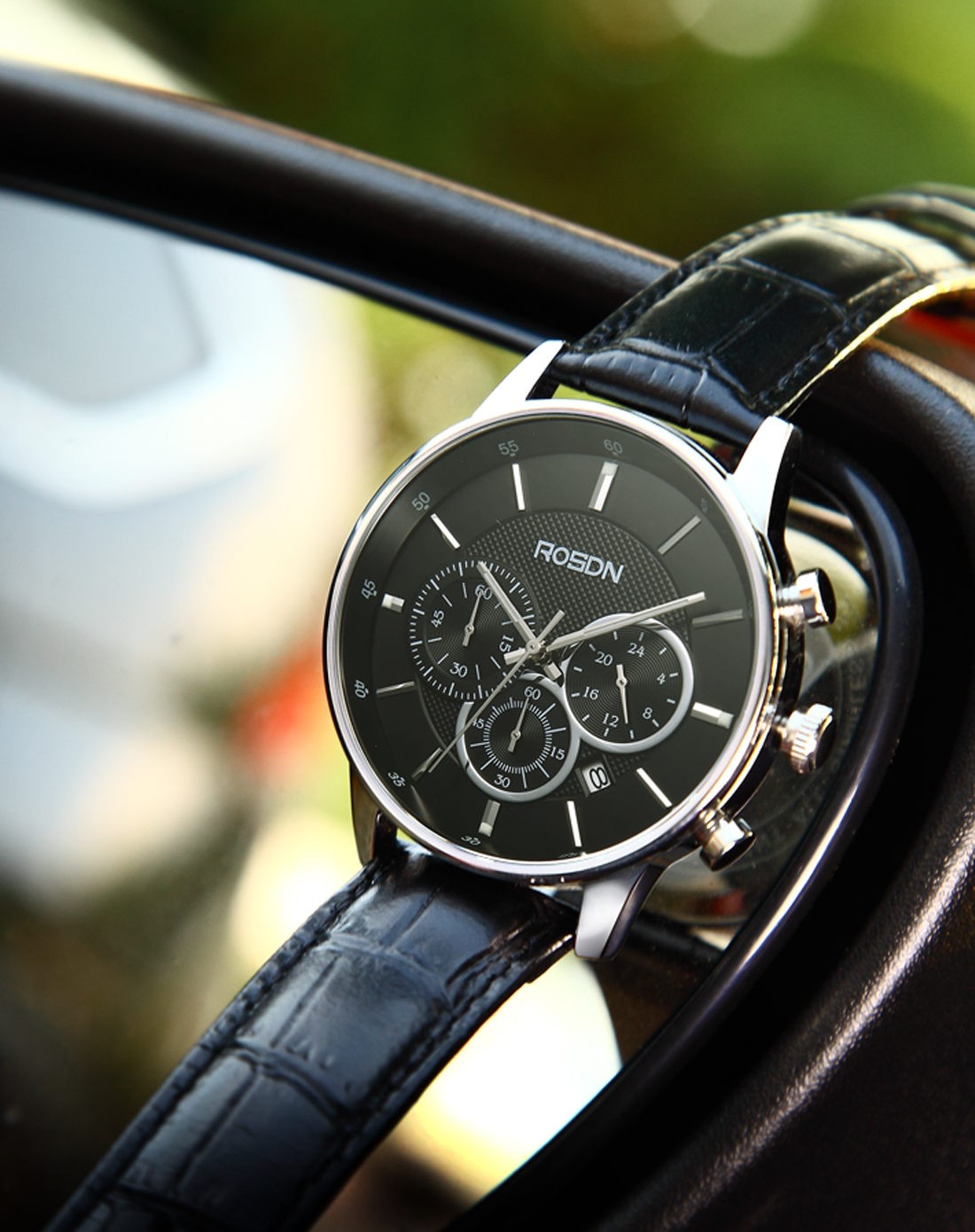 劳士顿rosdn手表专场-真皮多功能运动男士手表3181g黑面黑带