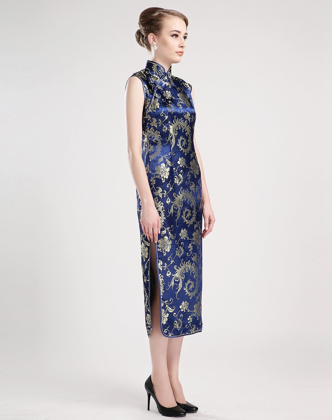 女款深藏青色梅花凤尾无袖旗袍