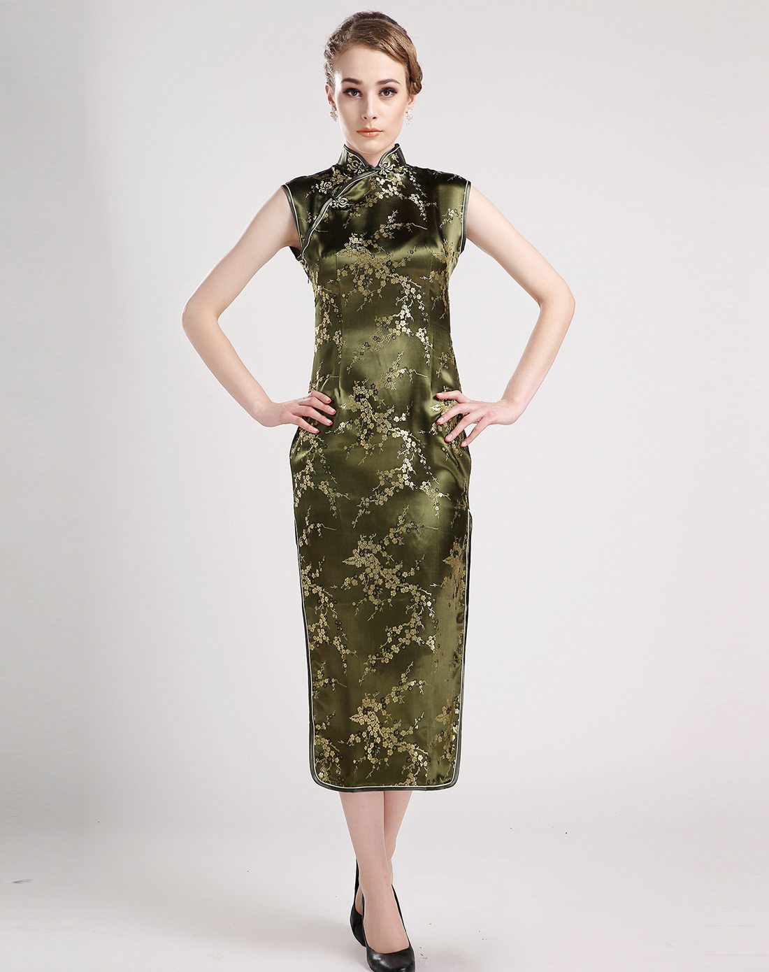 女款绿色小梅花无袖旗袍