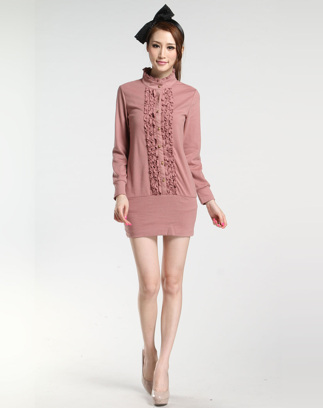 豆沙色皱褶花边休闲长袖连衣裙