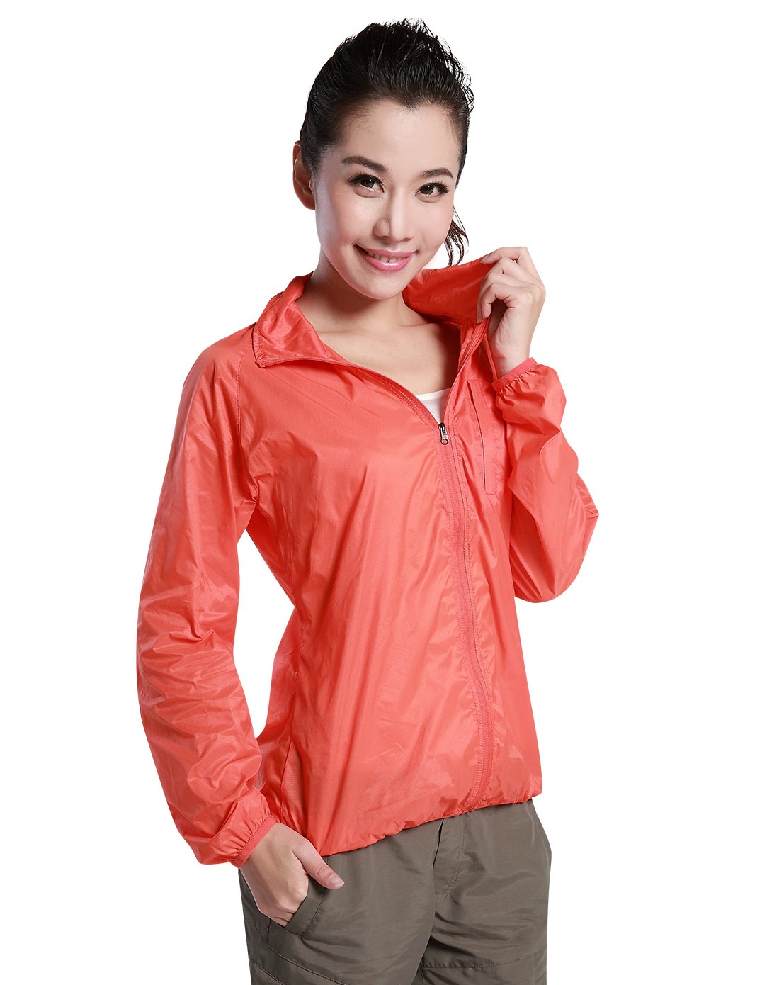 女款橙色防晒透气皮肤风衣