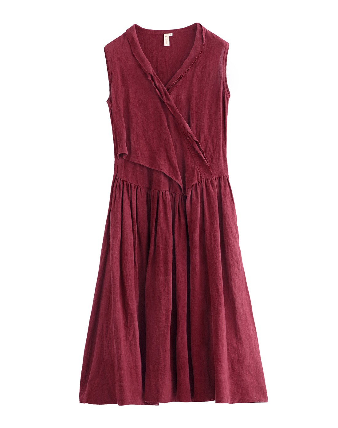 酒红色文艺亚麻无袖连衣裙