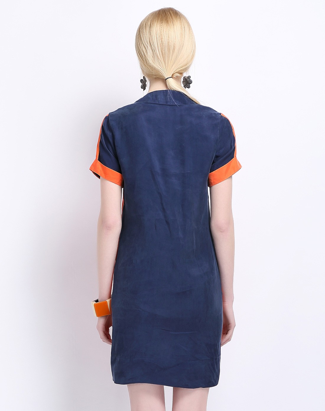 女款蓝色 橘色撞色短袖连衣裙