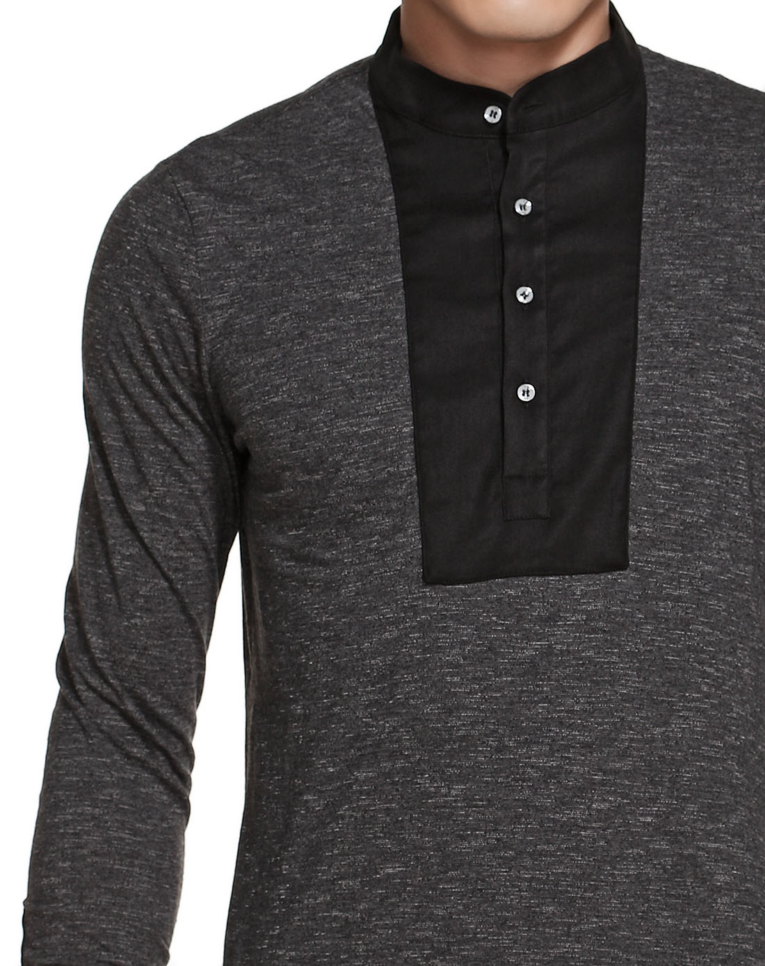 深灰色百搭拼接半开襟长袖上衣