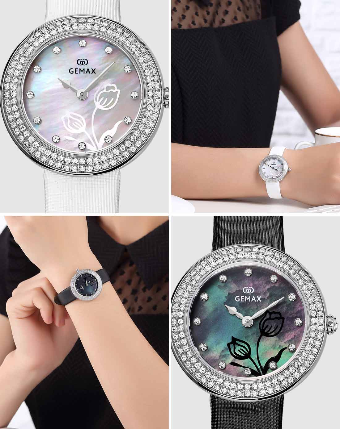 格玛仕gemax 简约休闲时尚白钢黑面女士精钢石英表