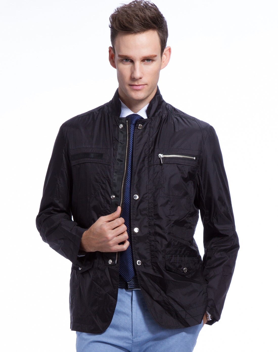 利奥纳多leonardo男装专场 黑色暗提花立领纽扣便装款薄夹克