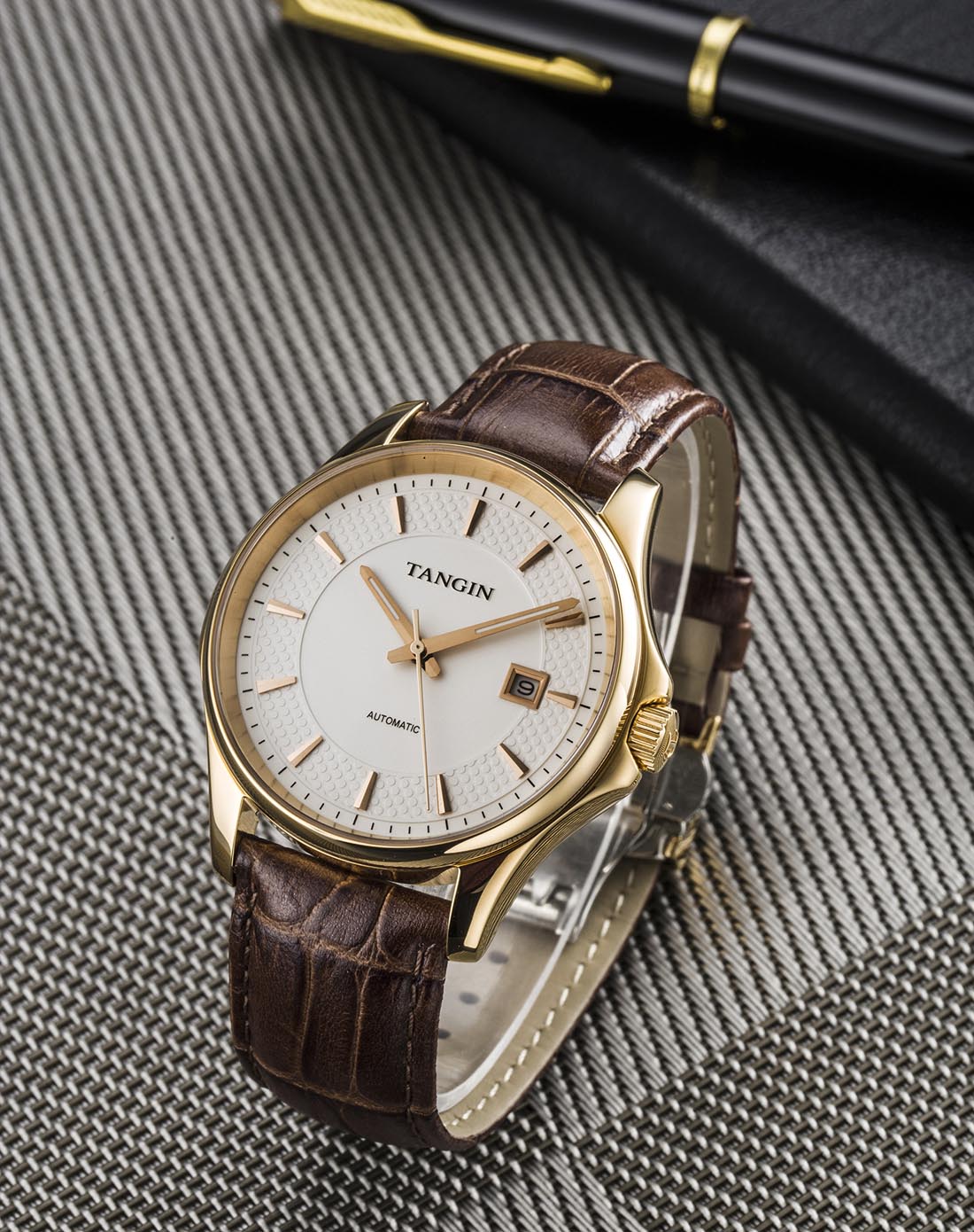 【唯品专供】 tangin 慧心系列真皮玫瑰金机械男表