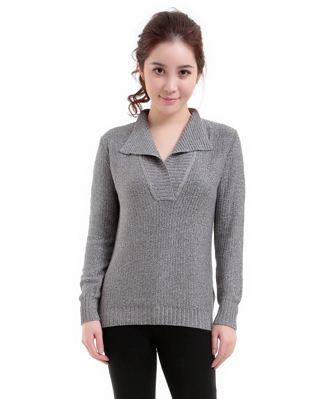 中灰色长袖质木开领衫