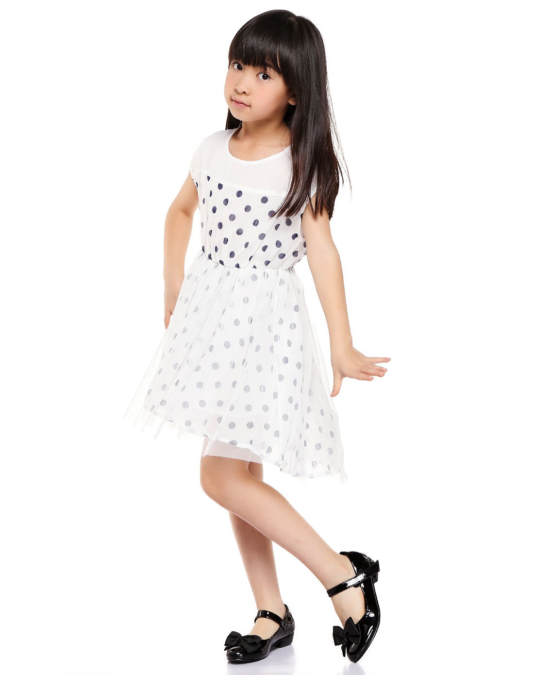 moomoo 女童深蓝/白色前短后长雪纺无袖连衣裙