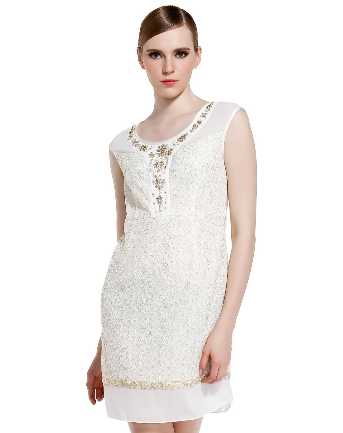 白/金色典雅时尚无袖连衣裙