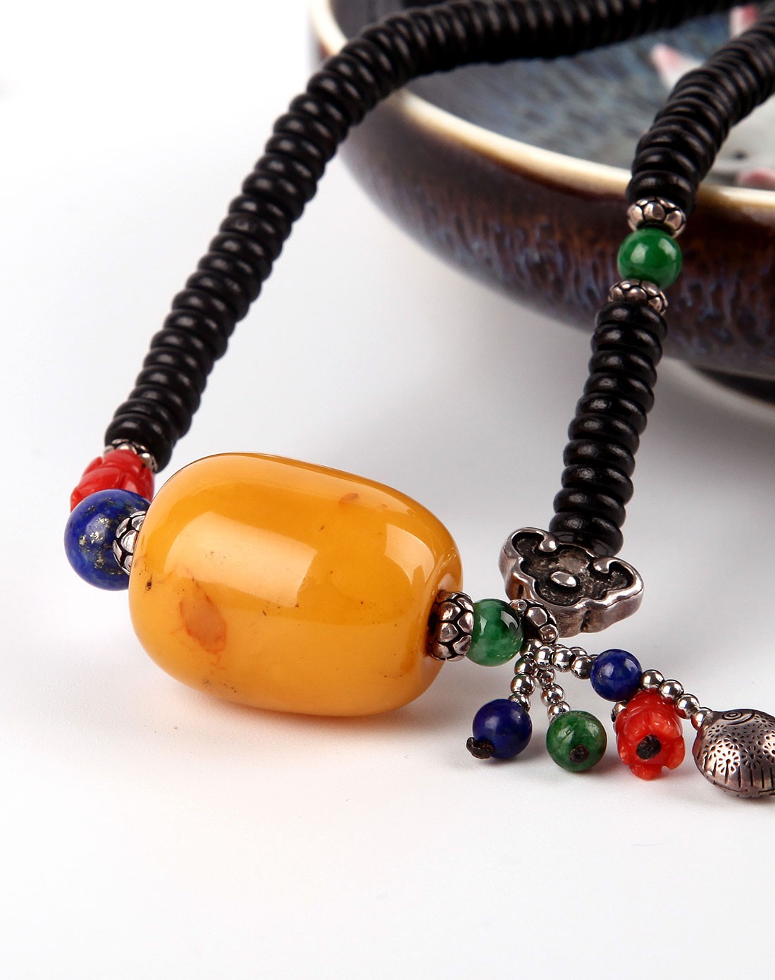 独家设计时尚新款手工编织俏色天然琥珀蜜蜡桶珠吊坠