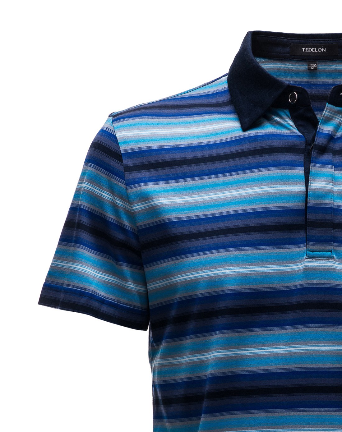 蓝色翻领条纹纯丝光棉短袖t恤