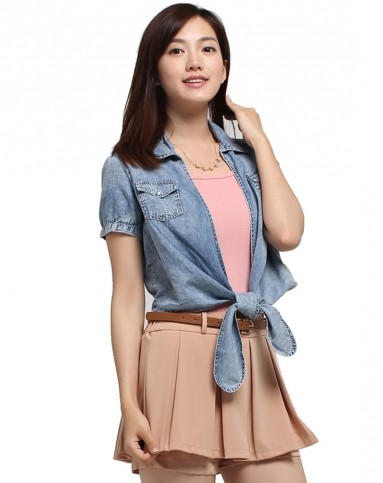 热风hotwind男女鞋服女士兰白色牛仔打结衬衫03h342122_唯品会