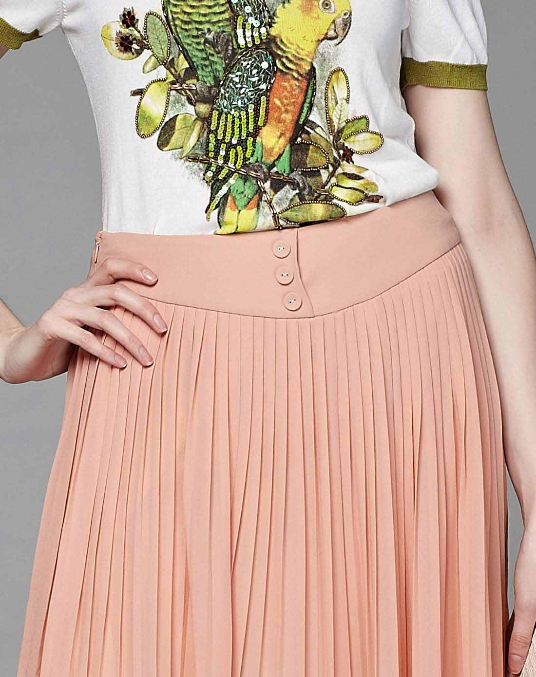 虾粉色百褶时尚百搭长裙