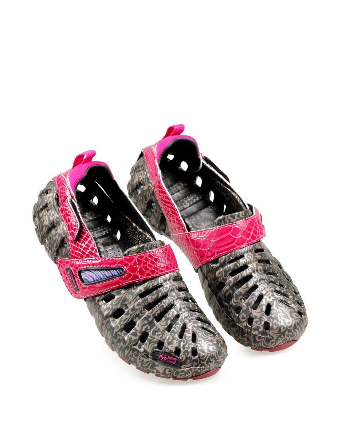 女款黑色/粉红水转印专利沙滩洞洞鞋