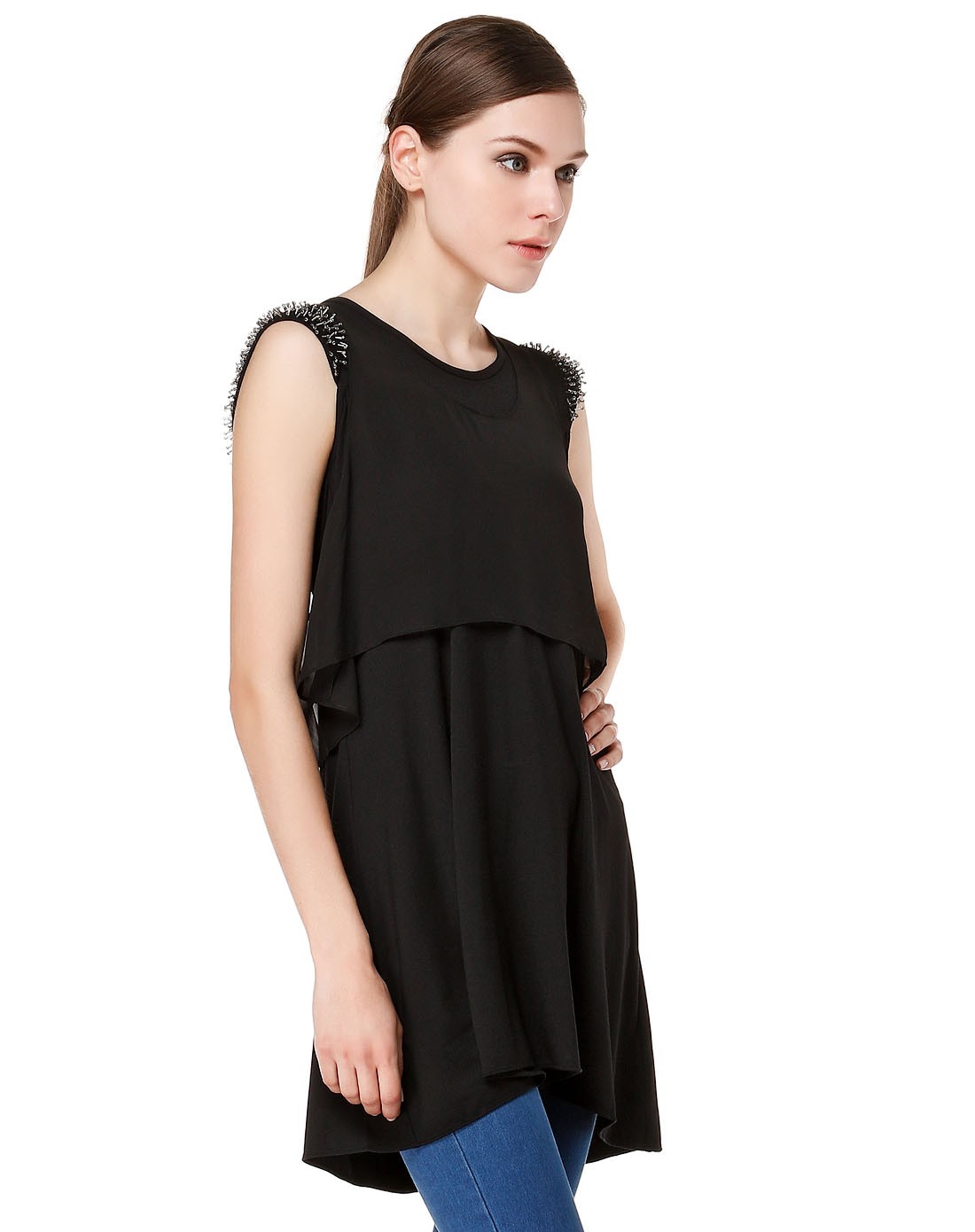 黑色个性百搭盖肩袖中长款上衣