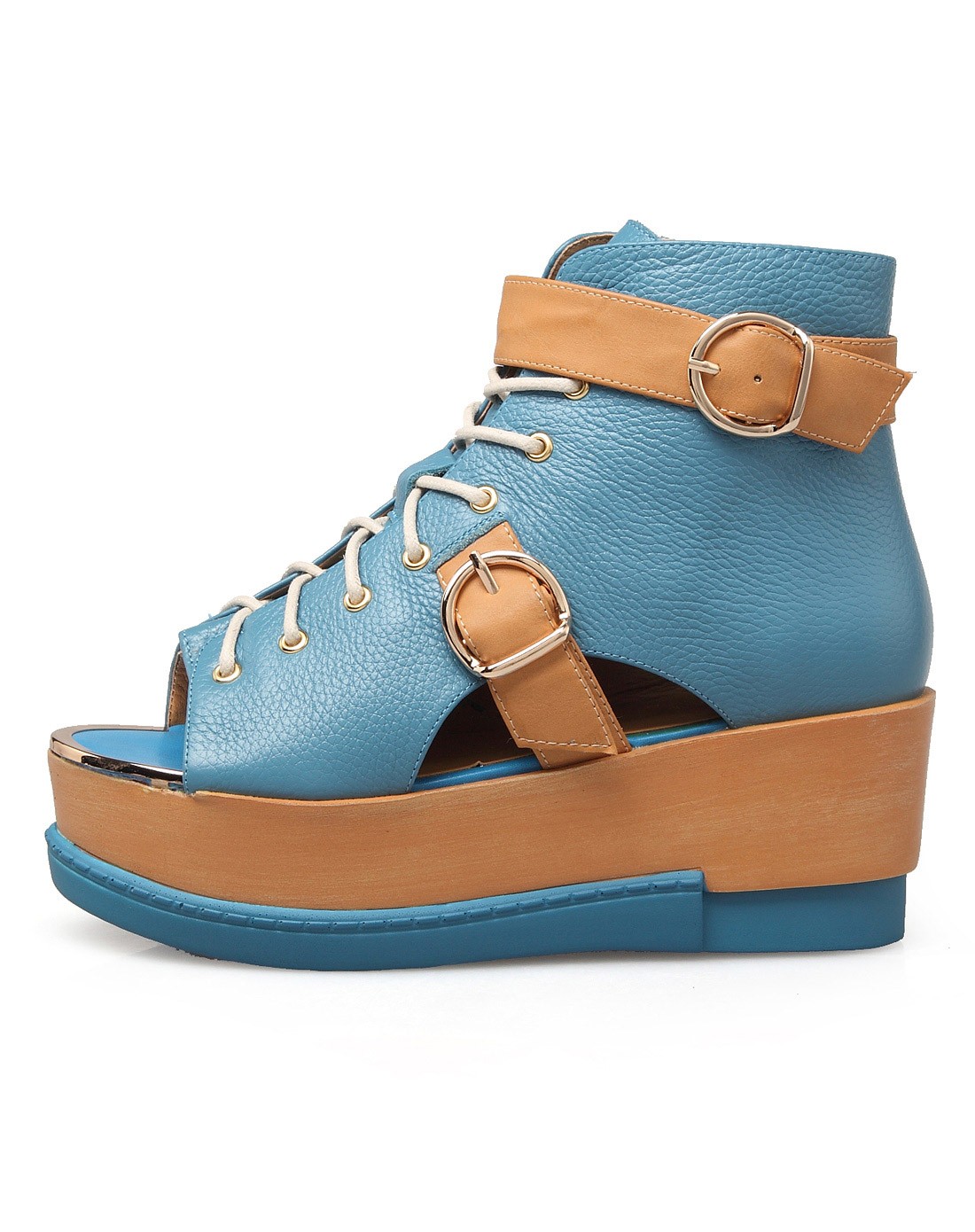 兰色朋克风头层牛皮系带装饰扣凉鞋