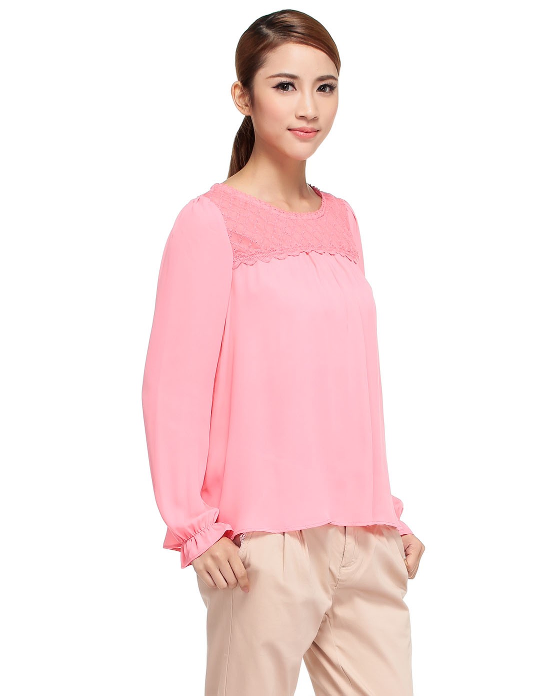 桃红色淑女百搭长袖上衣