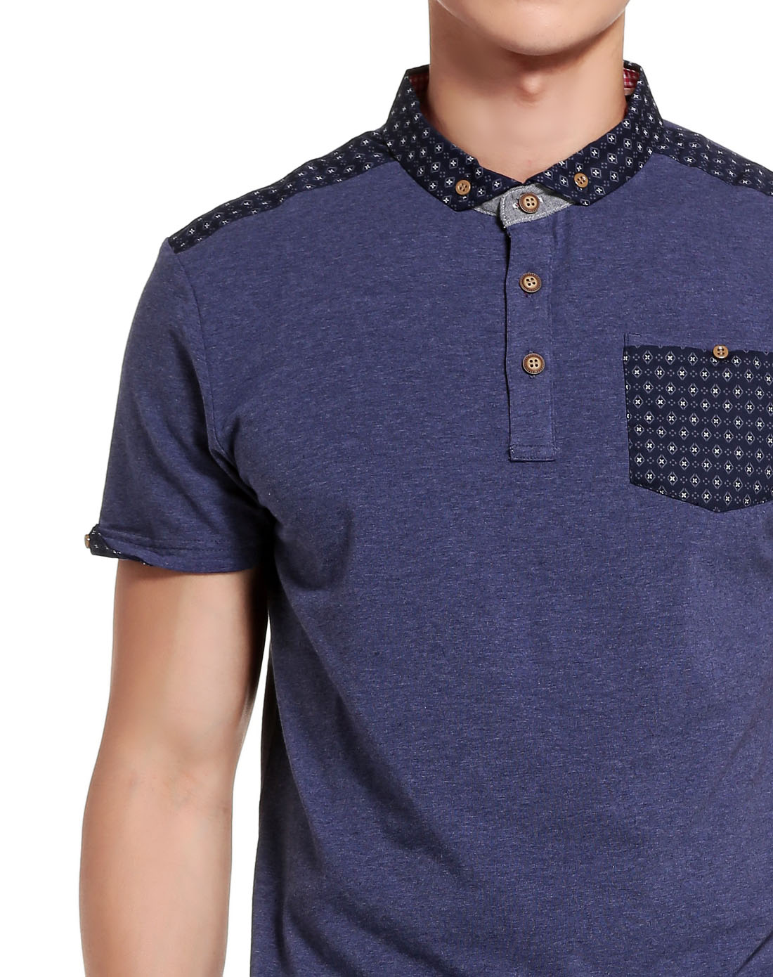 微领 男款墨蓝花灰色短袖t恤 舒适透气