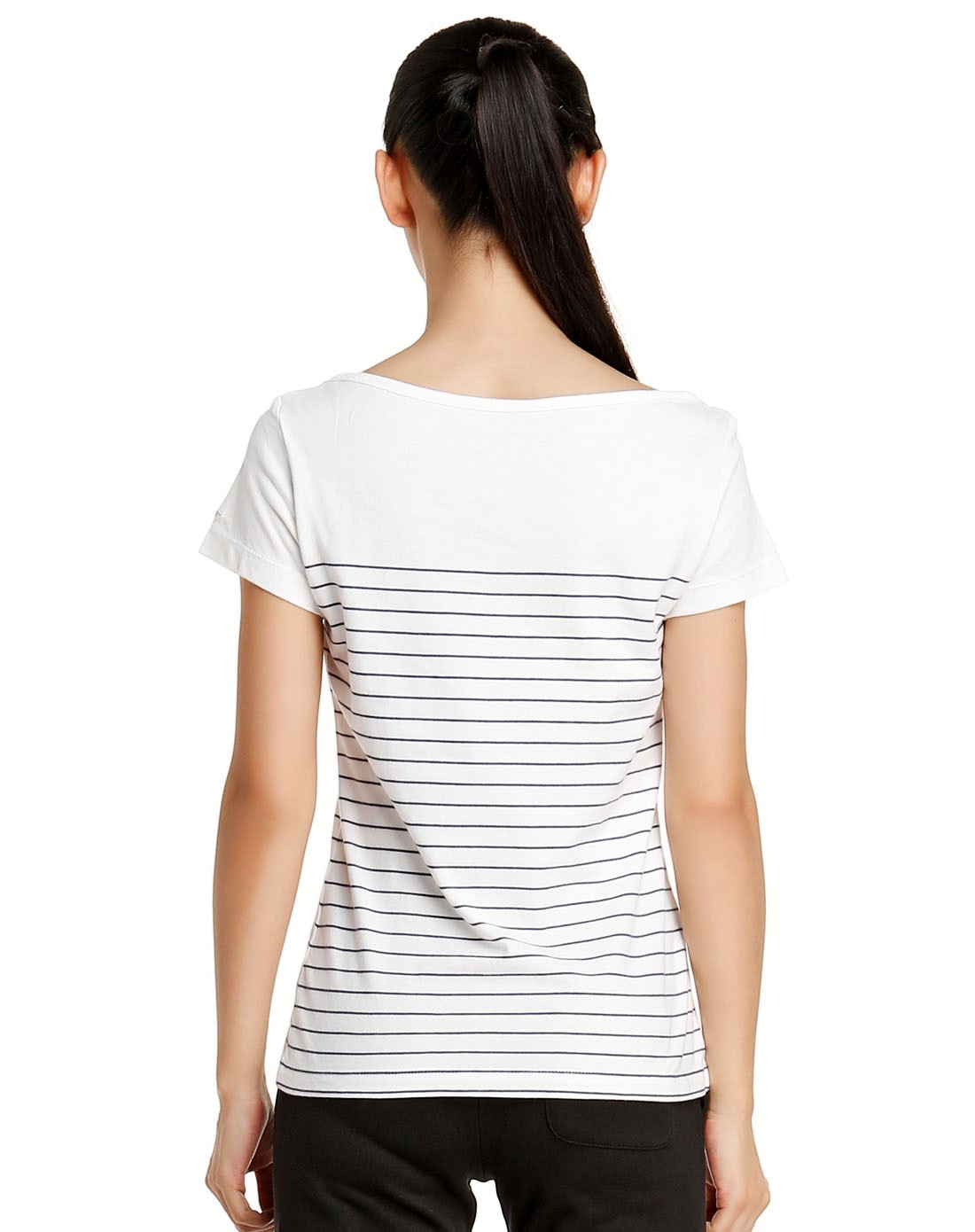 纯棉 女款乳白色短袖t恤 休闲条纹