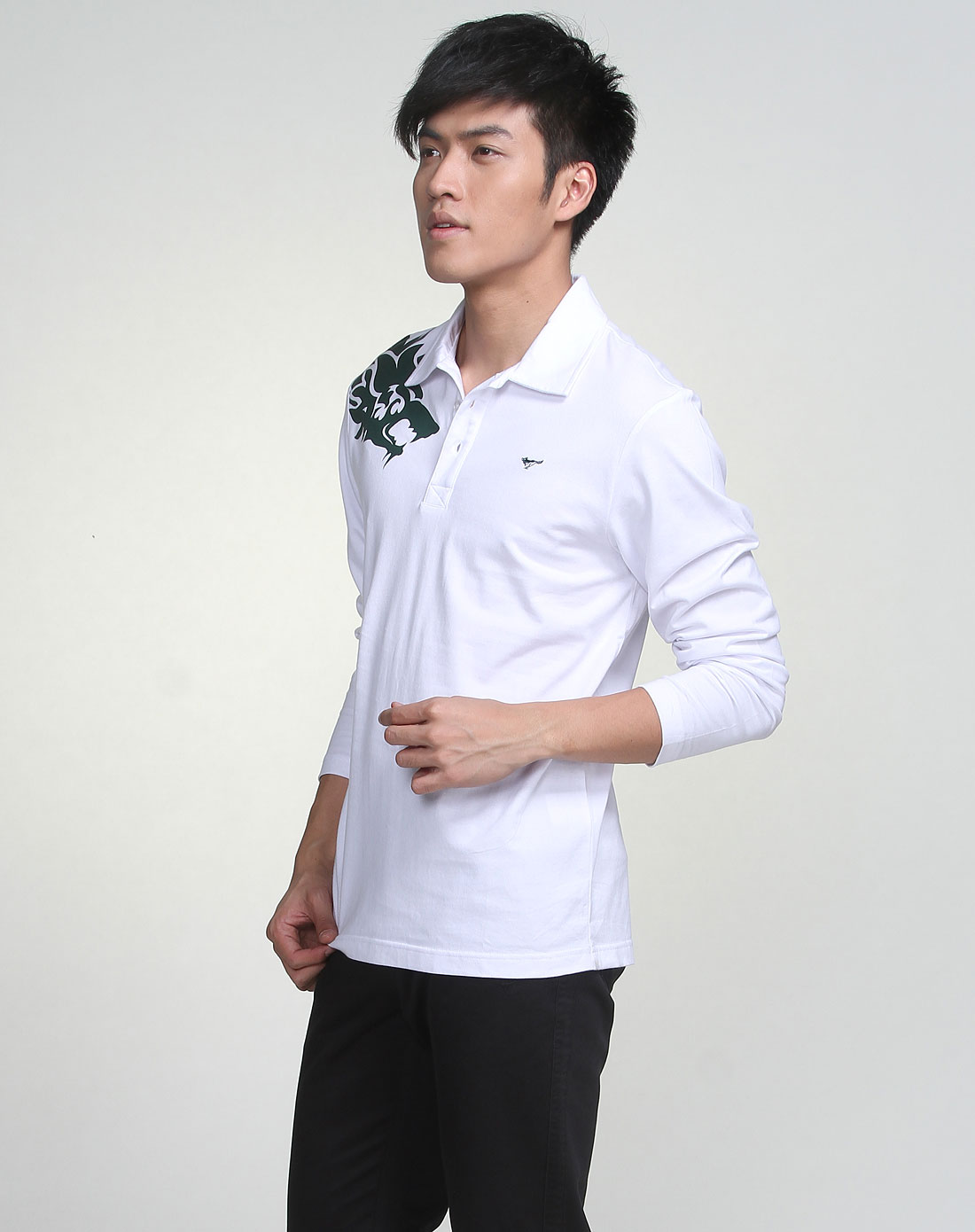 七匹狼swsport男装专场-白色polo领印花长袖t恤衫