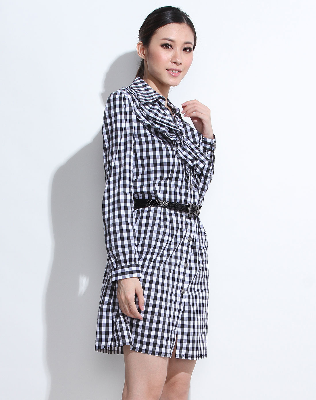 斯尔丽 黑白色格子翻领长袖连衣裙