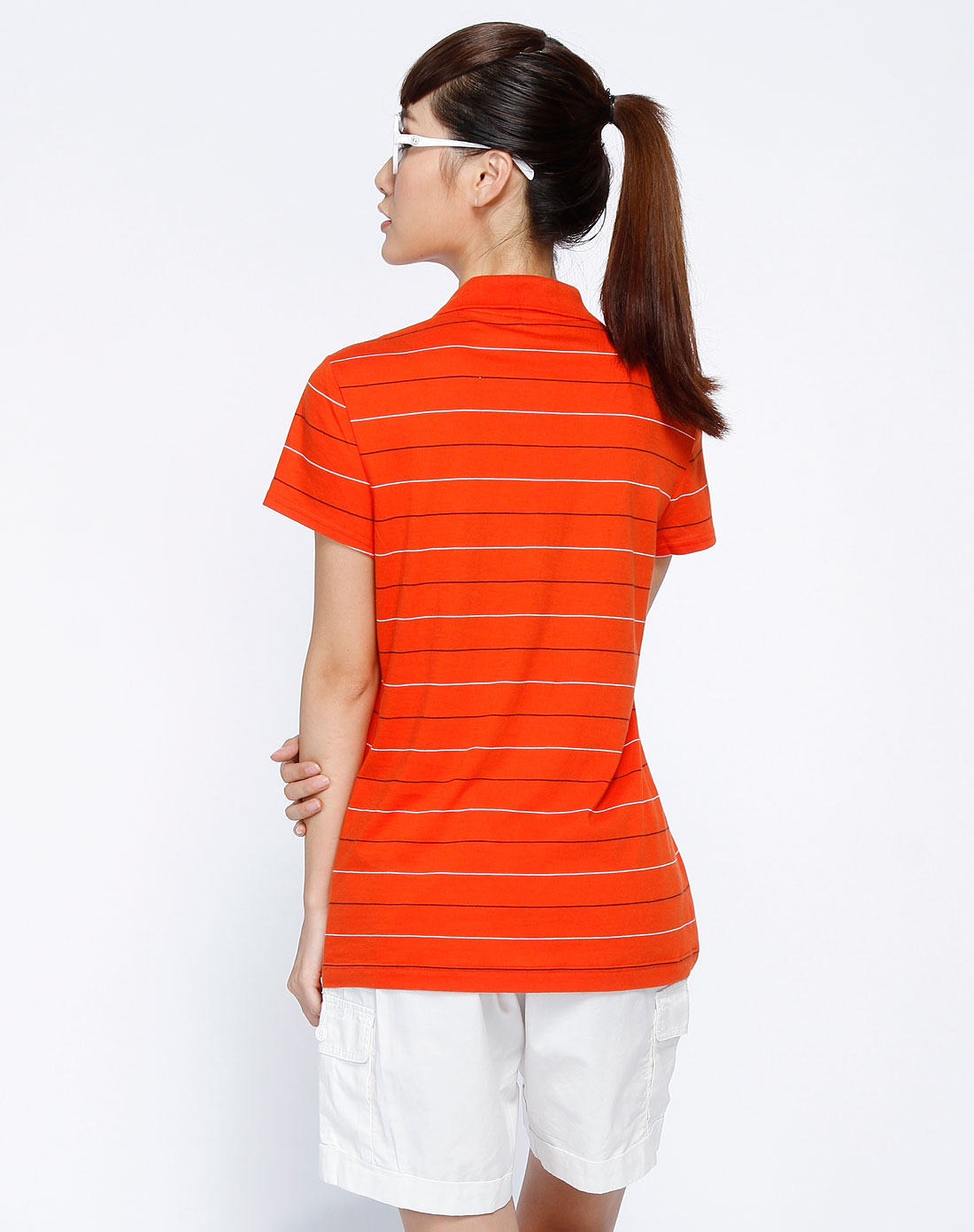 鳄鱼lacoste 女款橙色条纹翻领短袖t恤