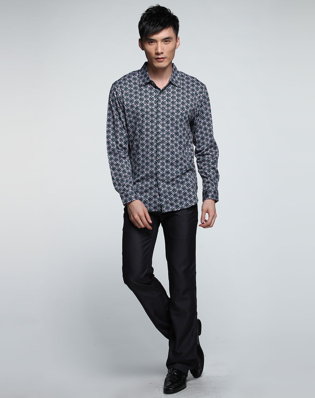 宾度j.benato男装专场-灰绿色休闲个性印花长袖衬衫