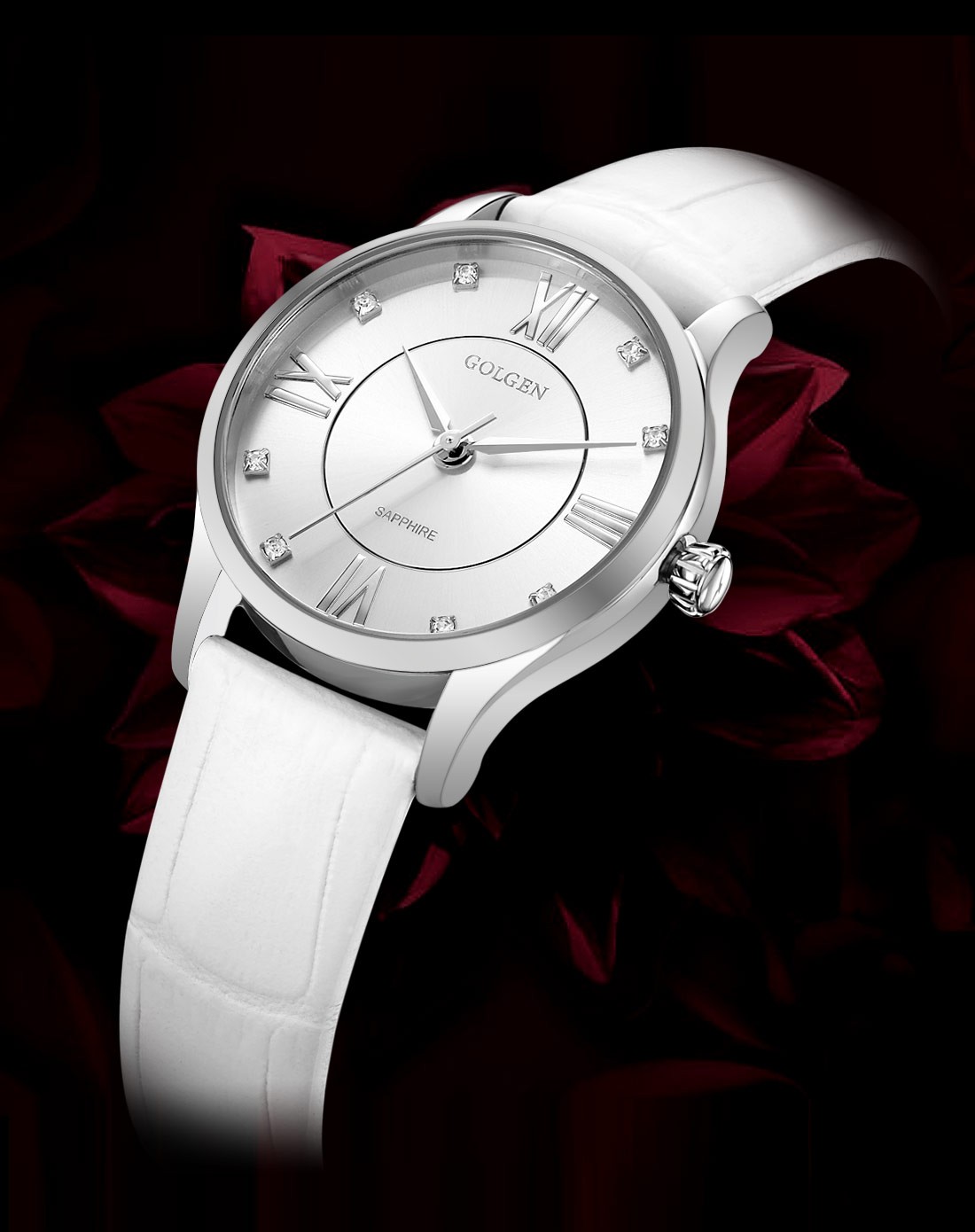 古尊golgen2015网络特供彩虹系列点钻真皮石英女表gn.19010l.