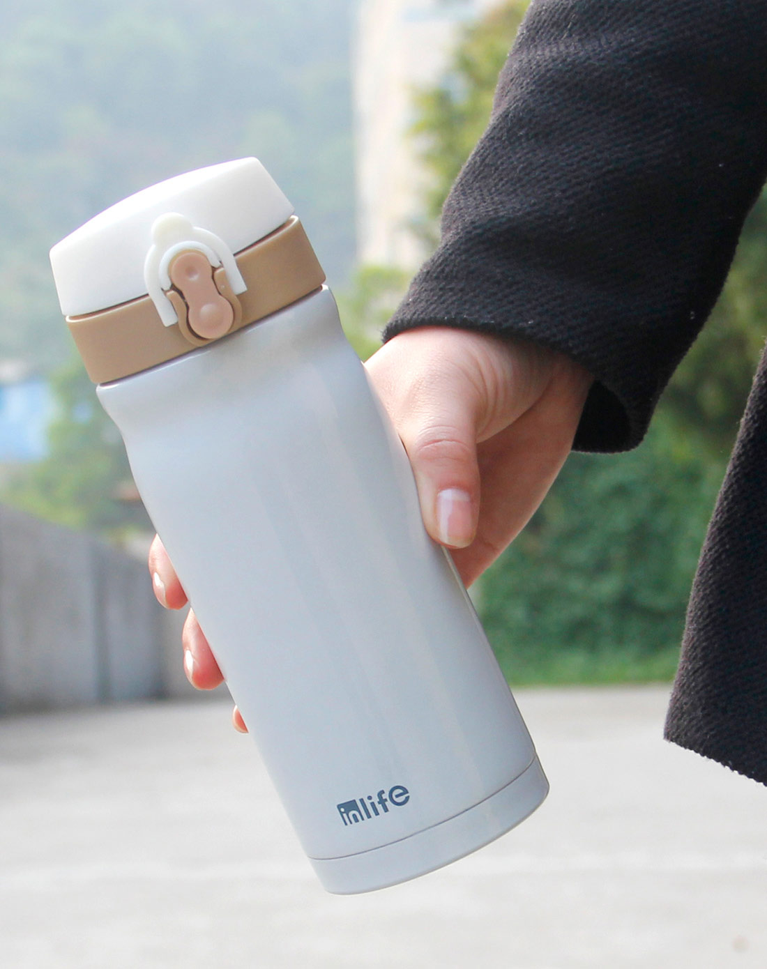 350ml白色不锈钢弹跳保温杯