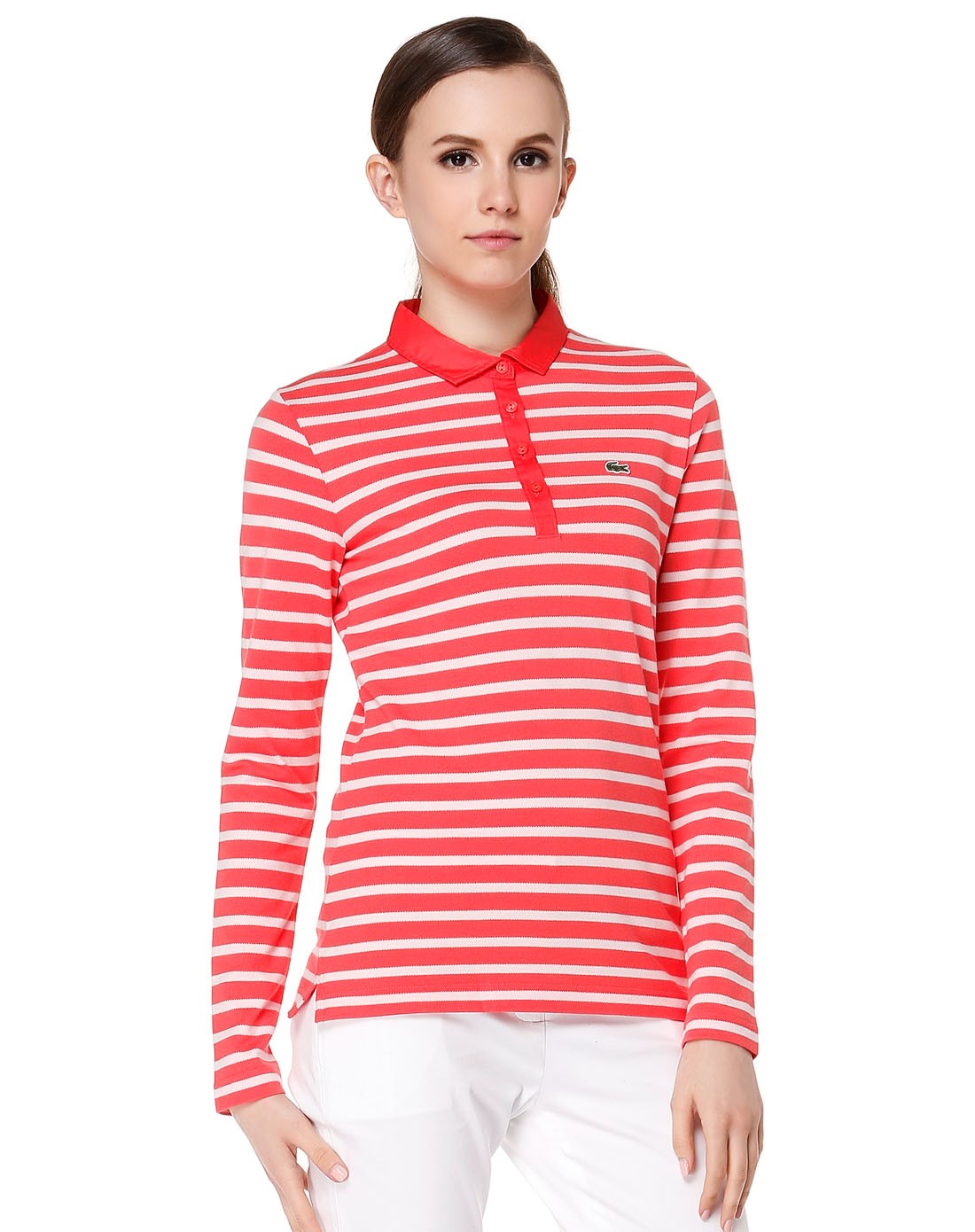 鳄鱼lacoste橙红/白色休闲条纹半开襟长袖t恤kf1376wkz_唯品会