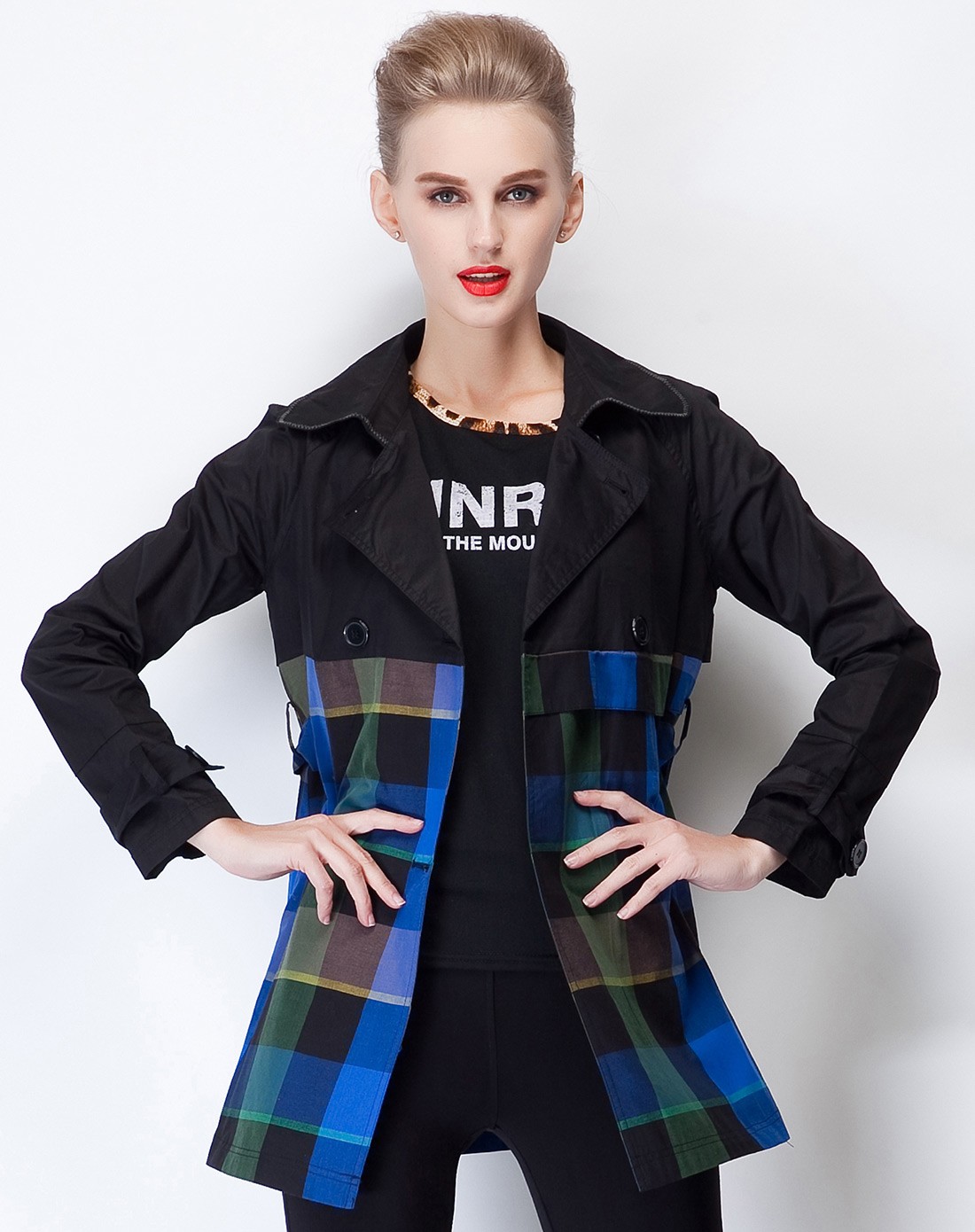 艾米拉aimila女装移动端专场深蓝翻领格子时尚风衣143f075b8_唯品会