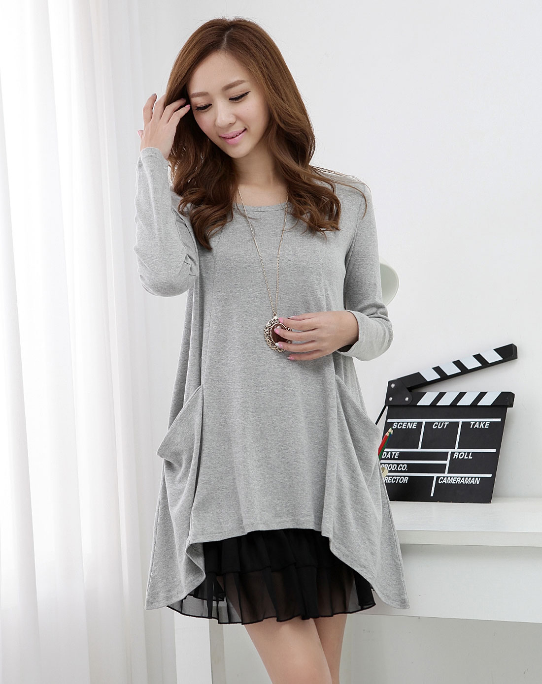 韩都衣舍灰色两件套长袖连衣裙jh2132-灰色_唯品会