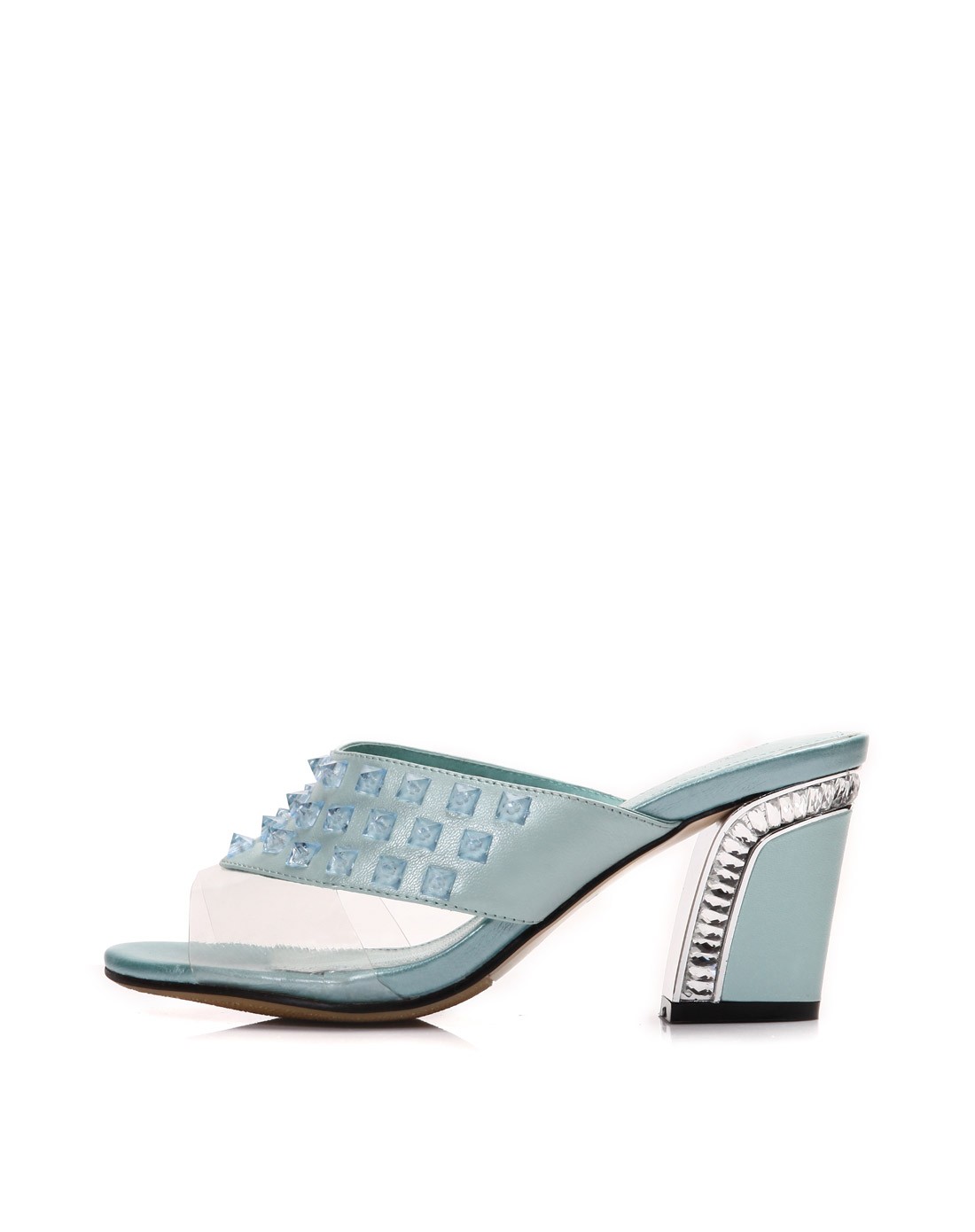 羊皮水兰色珠光粗高跟凉拖