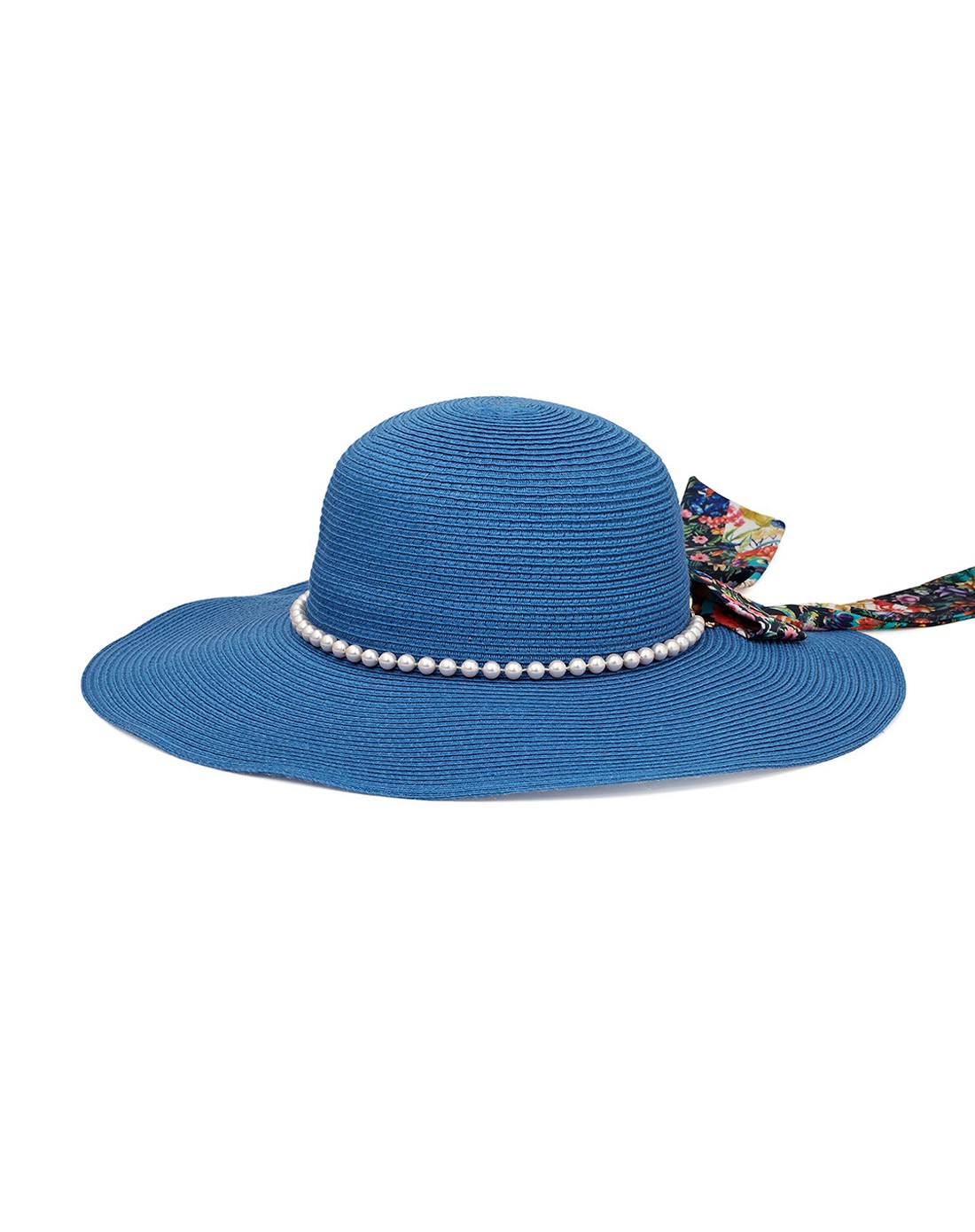 蓝色印花蝴蝶结飘带大檐帽