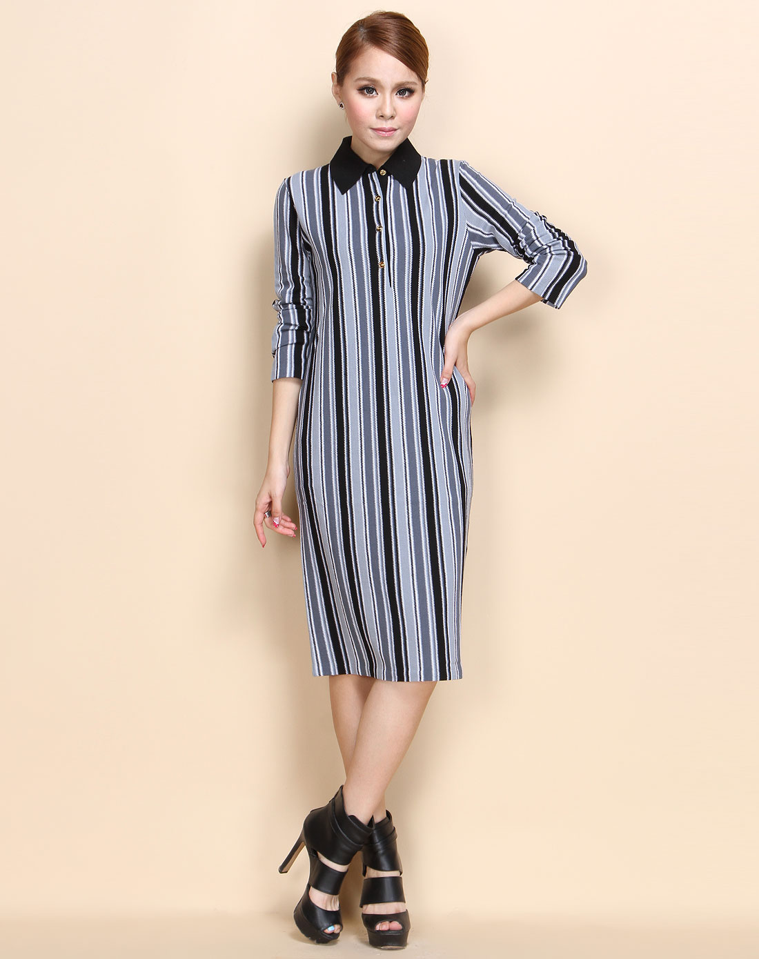 黑淡灰色个性竖条长袖连衣裙