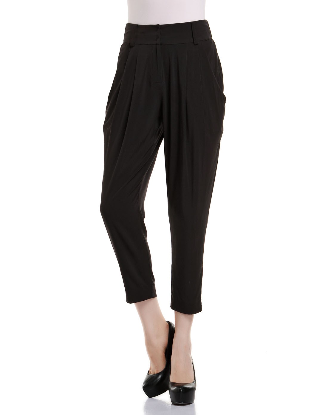 黑色斜插袋低裆长裤