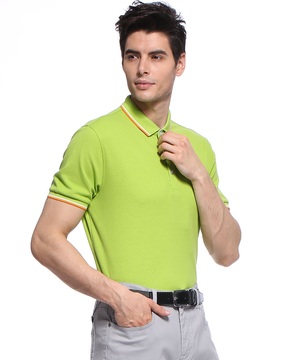 浅松绿翻领半开襟珠地吸汗短袖t恤