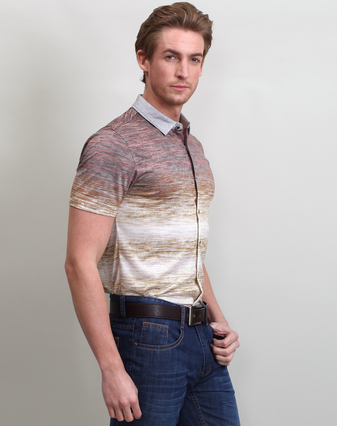 三丝光棉红色花纹短袖开胸t恤