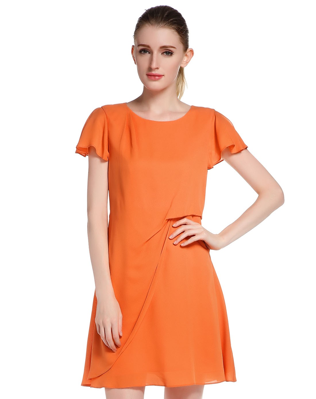 橙色优雅气质短袖连衣裙