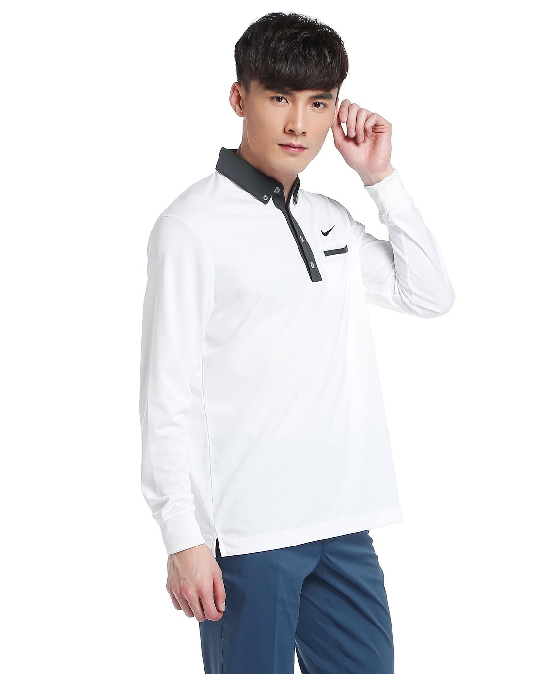 干爽排汗 男款白色长袖polo衫 休闲翻领