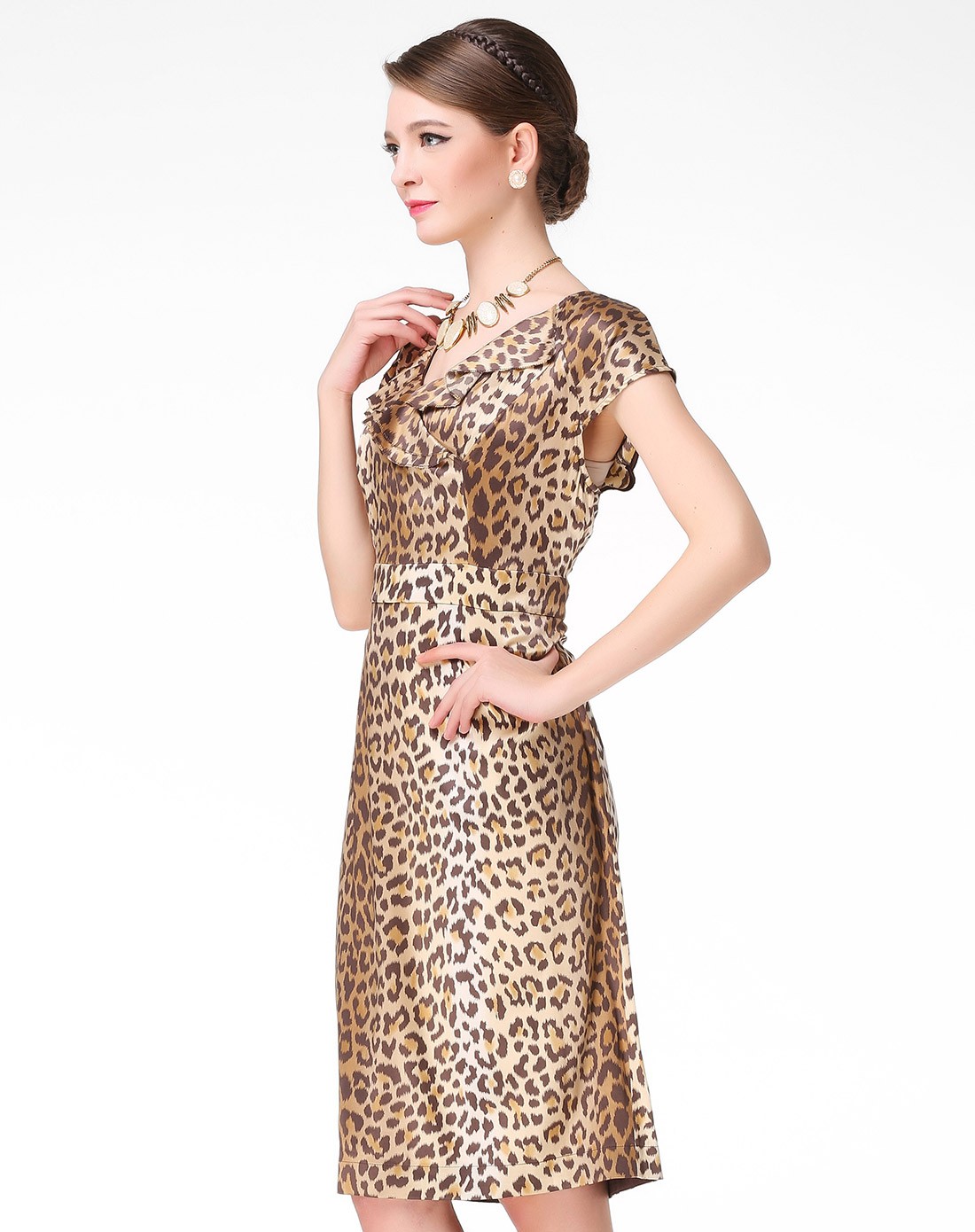 女款豹纹修身真丝连衣裙