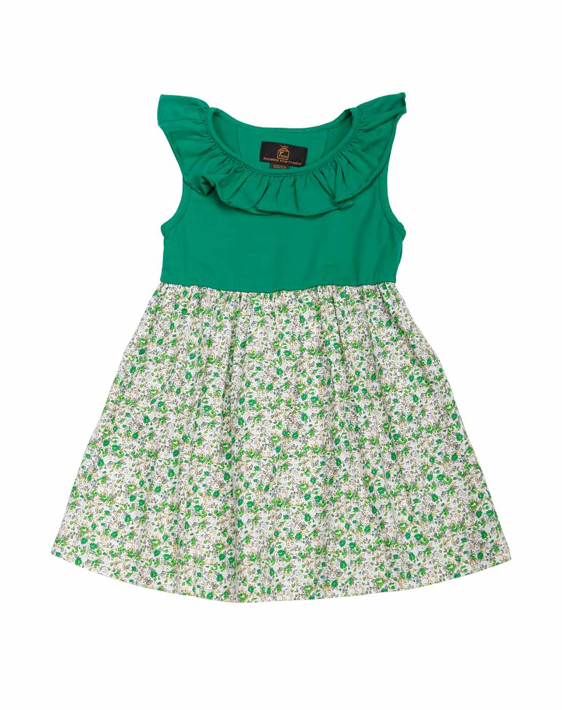 女童绿色拼色碎褶裙