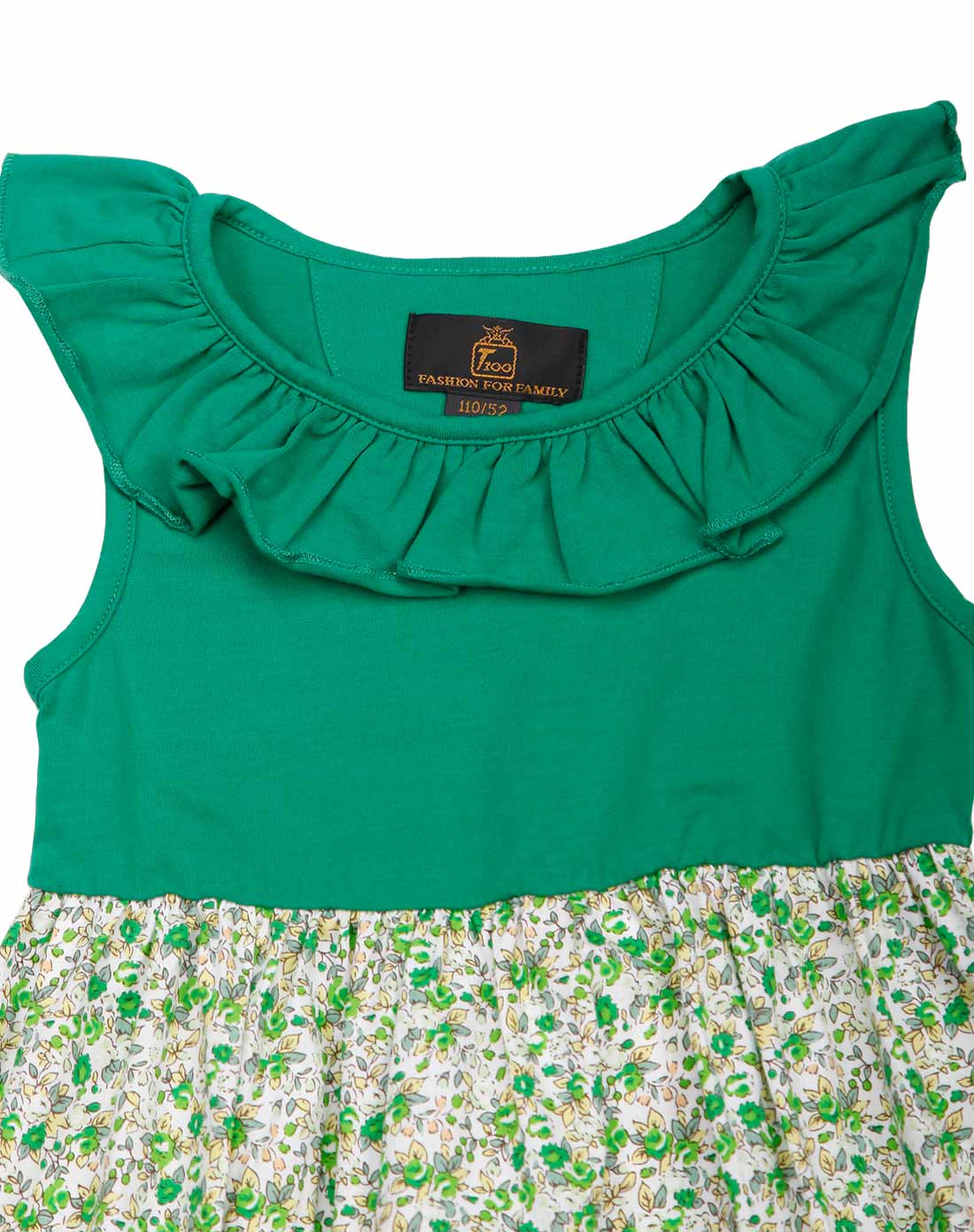 女童绿色拼色碎褶裙