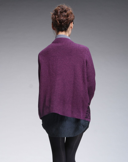 紫黑色开襟织花烫珠长袖针织衫