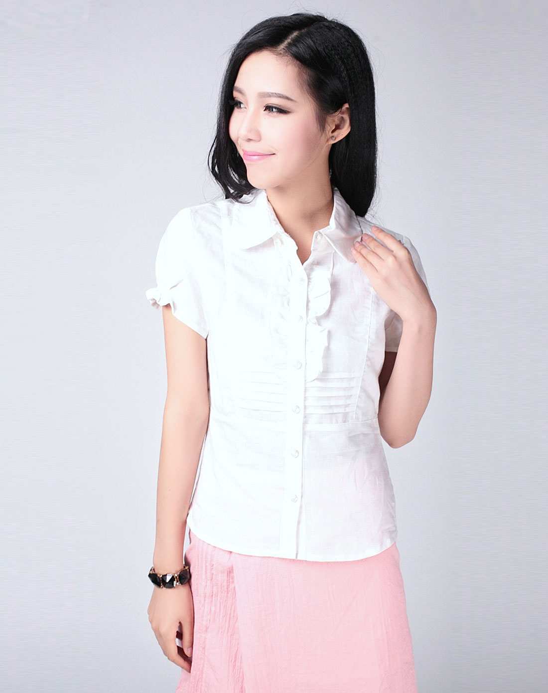 女款白色女款款修身休闲棉麻短袖衬衫