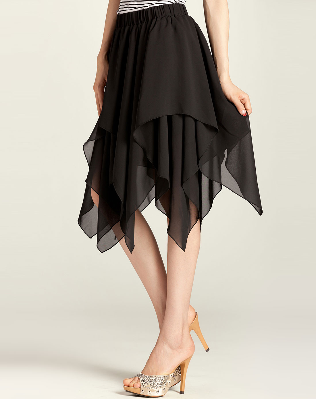 不规则下摆收褶修身雪纺半身裙