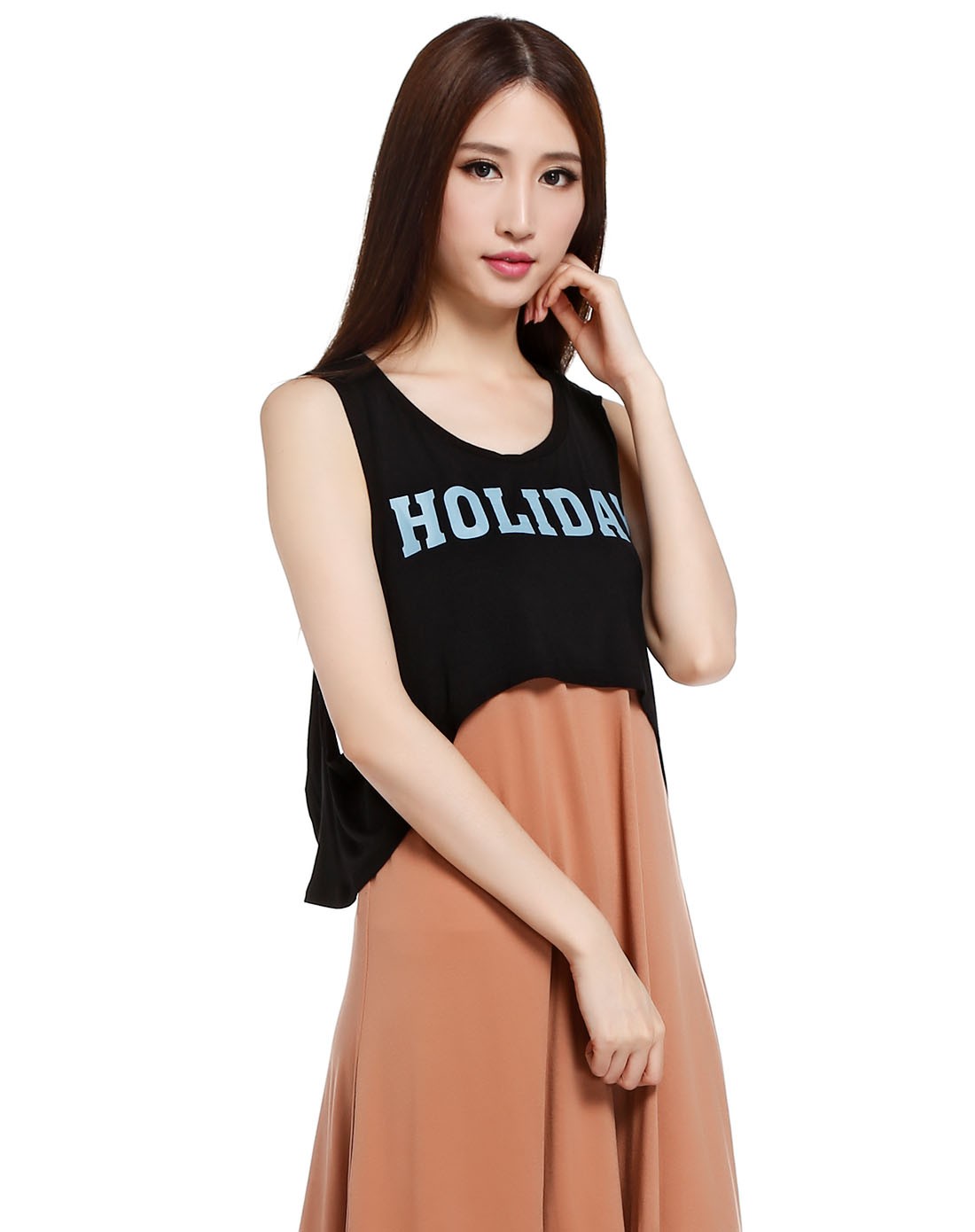 女款黑/蓝色校园风流行无袖短款上衣